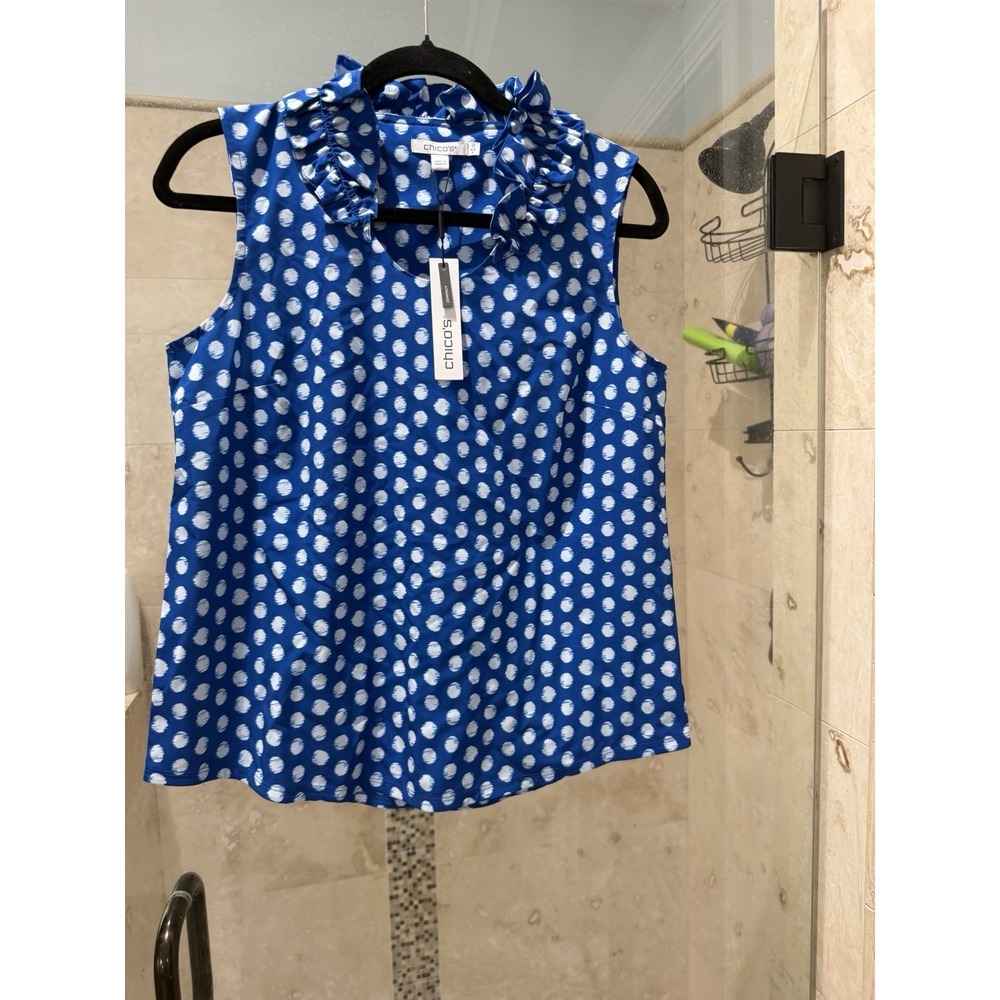 Chico's Zenergy Neema Ruffle Sleeveless Top Blue White Polka Dot UPF Size 0 4
